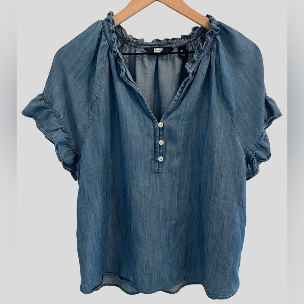 Lands’ End Chambray Ruffle Neck Blouse Medium - Picture 4 of 13